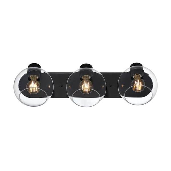 3 Light Matte Black Clear Glass Wall Light Fixture