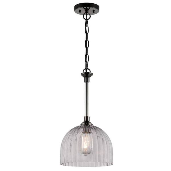 1 Lamp Gun Metal Finish Pendant Light Fixture Smoke Grey Ribbed Glass