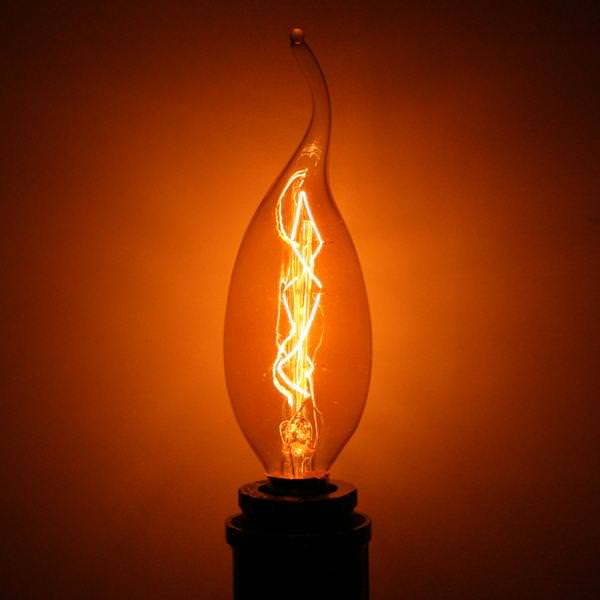 20 watt 120 volt CA11 Extended Flame Tip Amber Candelabra Screw Base