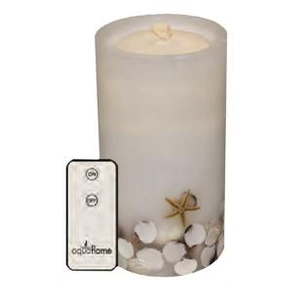 7.8" White Sea Shells Straight Edge AquaFlame™ (Battery Operated or Electric) LED Wax Candle Fountain Light with Timer