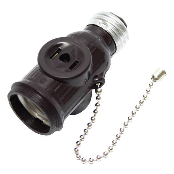 Medium Base Brown Pull Chain Outlet / Socket Adapter with Two Polarized Side Outlets
