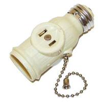 Satco Medium Base Ivory Pull Chain Outlet / Socket Adapter with Two Polarized Side Outlets