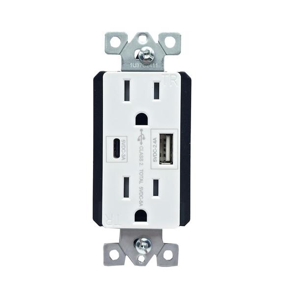 15 Amp 125 volt White Self Testing Receptacle USB Outlet