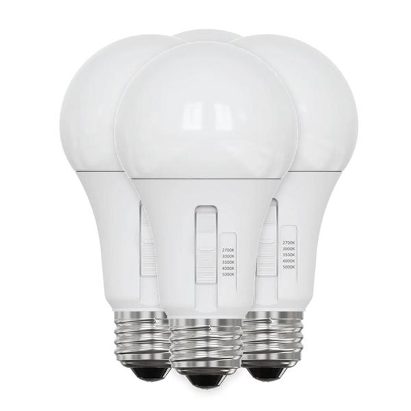 8.8 watt 120 volt A19 Medium Screw Base CCT Selectable Dimmable LED (4 Pack)