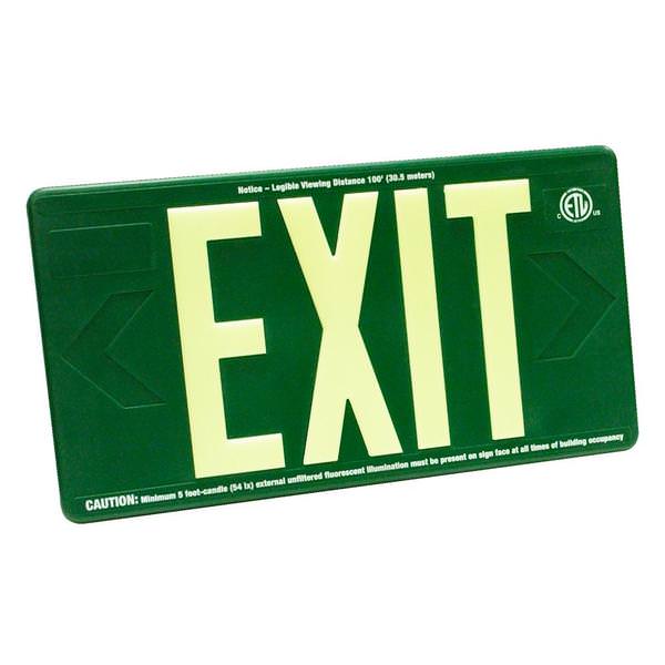 100' Visibility Single Face Green Background Photoluminescent Exit Sign