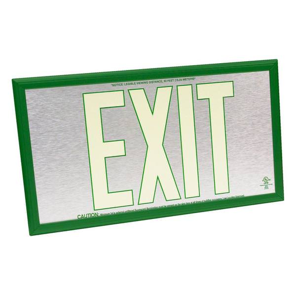 50' Visibility Dual Face Brushed Aluminum / Green Frame Photoluminescent Exit Sign