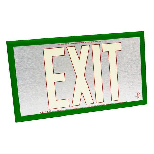 50' Visibility Dual Face Brushed Aluminum / Green Frame Photoluminescent Exit Sign