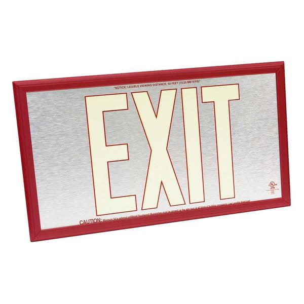 50' Visibility Dual Face Brushed Aluminum / Red Frame Photoluminescent Exit Sign