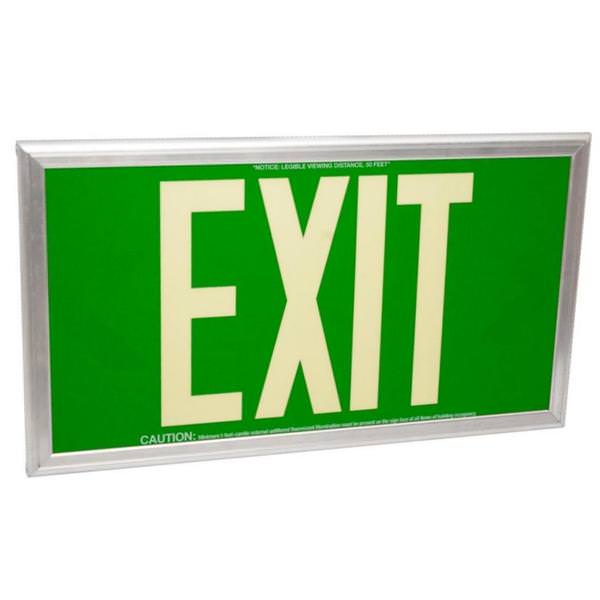 50' Visibility Single Face Green Background / Silver Frame Photoluminescent Exit Sign