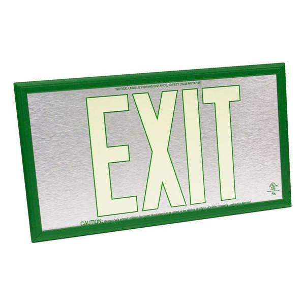 50' Visibility Single Face Brushed Aluminum / Green Frame Photoluminescent Exit Sign