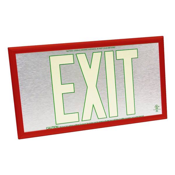 50' Visibility Single Face Brushed Aluminum / Red Frame Photoluminescent Exit Sign