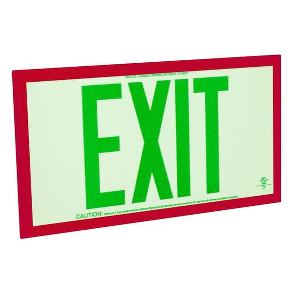 75' Visibility Single Face Green Letters / Red Frame Photoluminescent Exit Sign