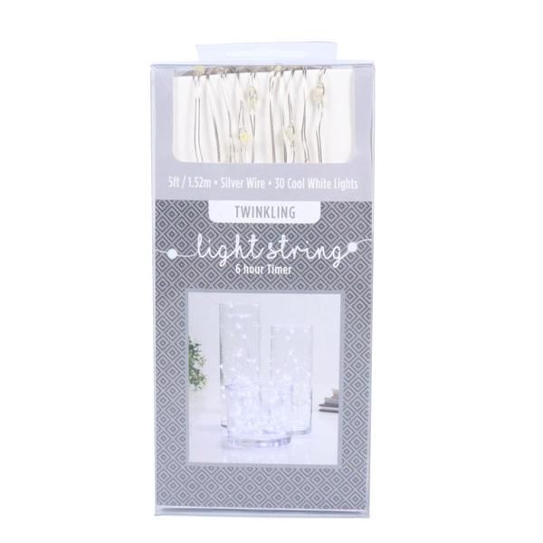 60" 30 Light Cool White Battery Operated LED Light String Set with Timer