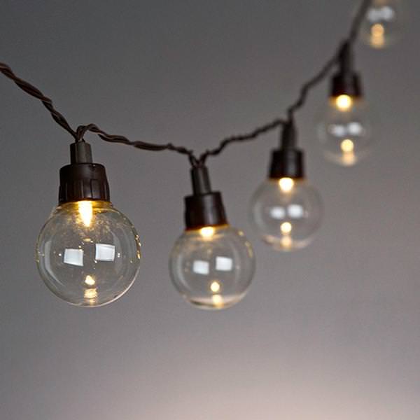 20 Light 20" Brown Wire Solar LED Patio Light String with G40 Glass Bulb Covers