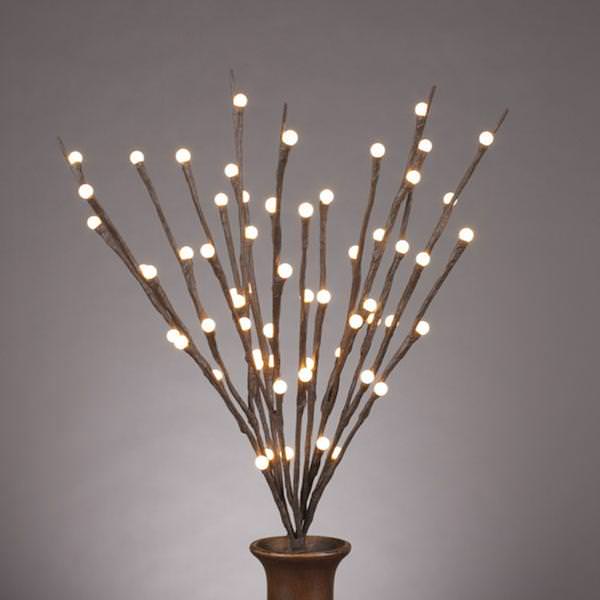 20" Brown Wrapped White Ball Battery Operated LED Lighted Branch with Timer (60 Warm White Lights)