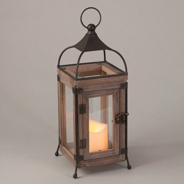 13.8" Wood / Metal Lantern Wavy Edge Battery Operated LED Resin Candle Light