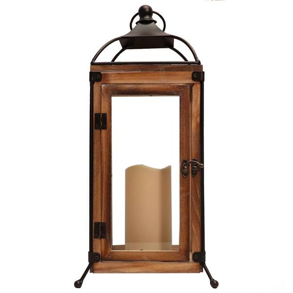 18.1" Wood / Metal Lantern Wavy Edge Battery Operated LED Resin Candle Light