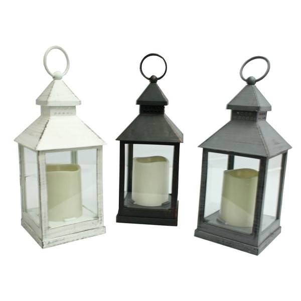 9" LED Battery Operated Plastic Holiday Lantern Glass Panes with Timer (set of 3)