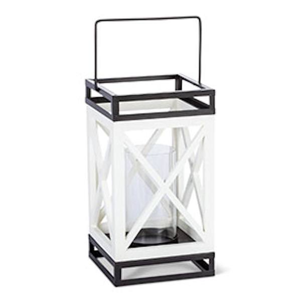 12" White Wood Black Metal Lantern