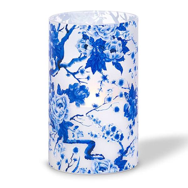 5" x 8" Blue Floral Design Battery Operated Illumaflame LED Wax Candle Light with Timer