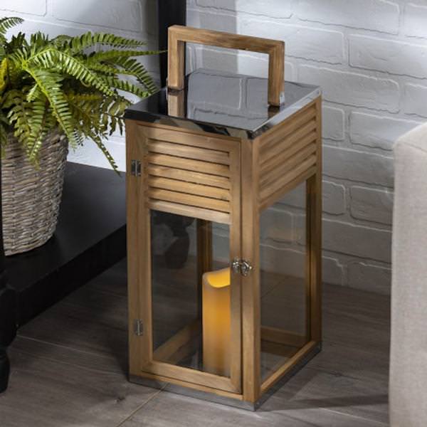 20" Wood / Stainless Steel Lantern Battery Operated LED Candle Light with Timer