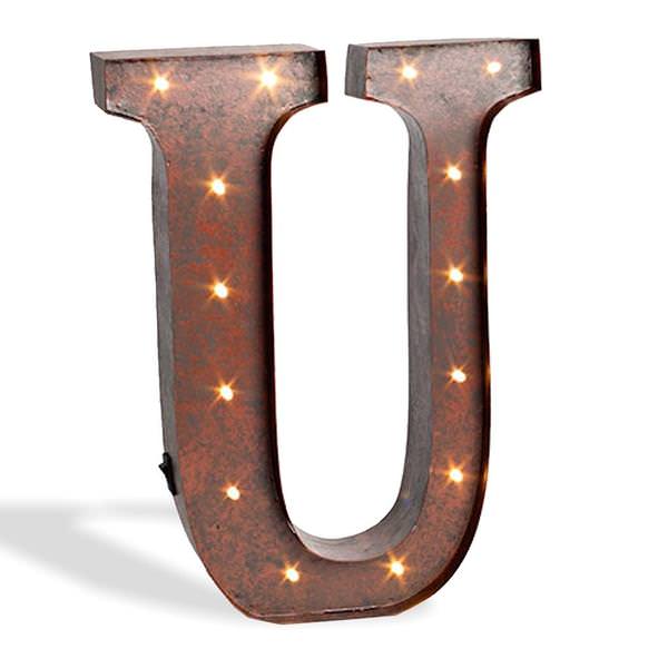 12" Rustic Brown Metal Battery Operated LED Lighted Letter "U" with Timer