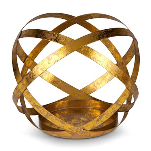 5.9" x 7.1" Antique Gold Finish Metal Sphere Pillar Candle Holder