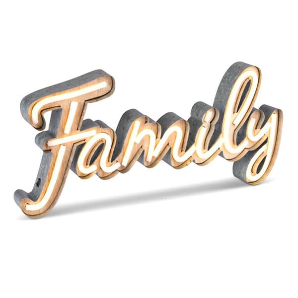 21" Battery Operated LED Tube Lighted Metal & Wood "Family" Sign (Convertible to Electric with Adapter)