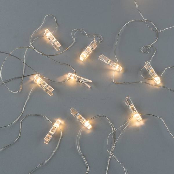 10' 10 Light Battery Operated Clear Clothespin Clip Warm White LED Light String