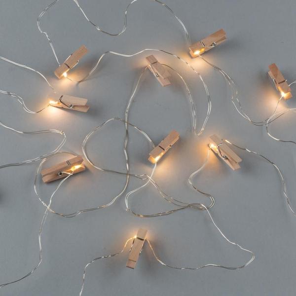10' 10 Light Battery Operated Wooden Clothespin Clip Warm White LED Light String