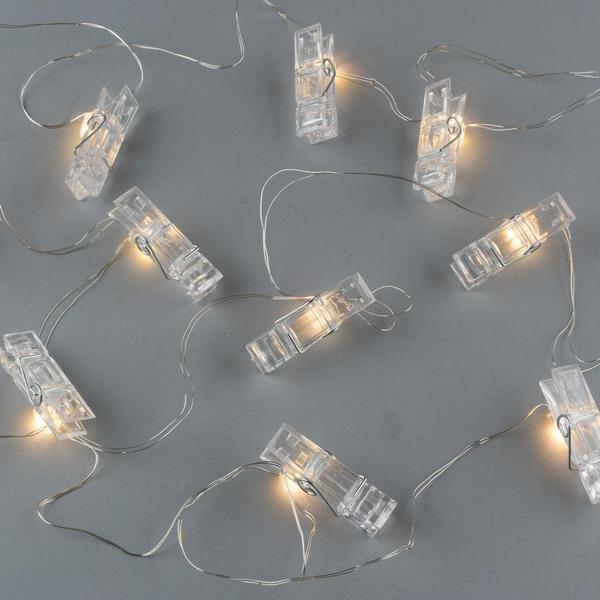 20' 20 Light Battery Operated Clear Clothespin Clip Warm White LED Light String
