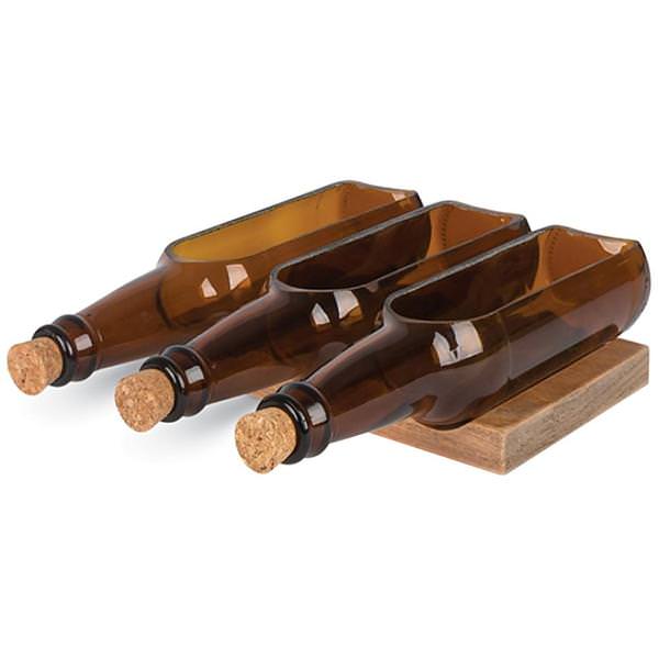 3 Beer Bottles Snack Bowls on Wooden Boat