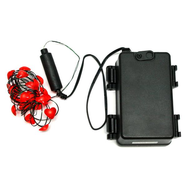 24 Light Slim Green Wire "Red Hearts" Battery Operated LED String Set with Timer (Batteries Not Included)