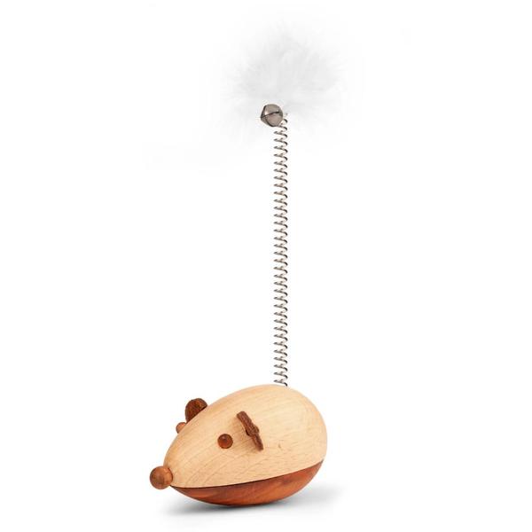 Wooden Mouse Spring with Feather and Bell Cat Toy