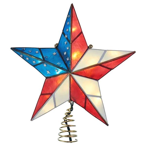 10 Light 9.25" American Flag Capiz Star Christmas Tree Topper