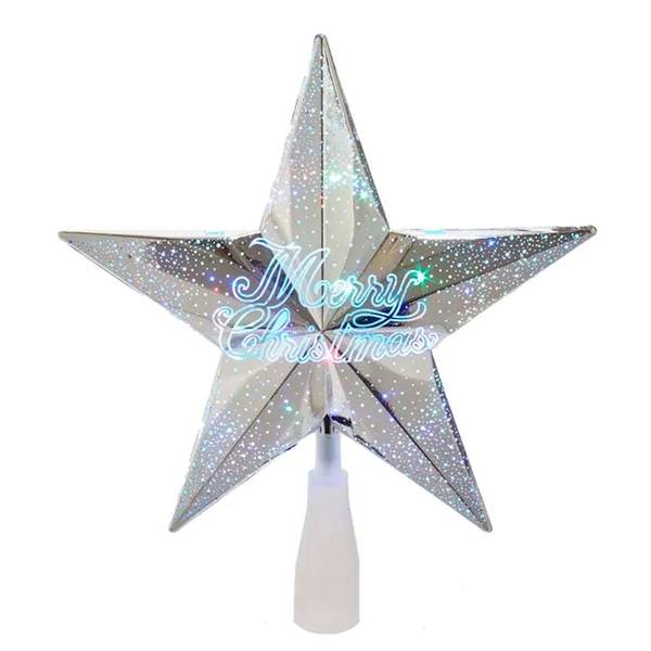 8.75" 18 Light 5 Point Merry Christmas RGB Silver Star Tree Topper