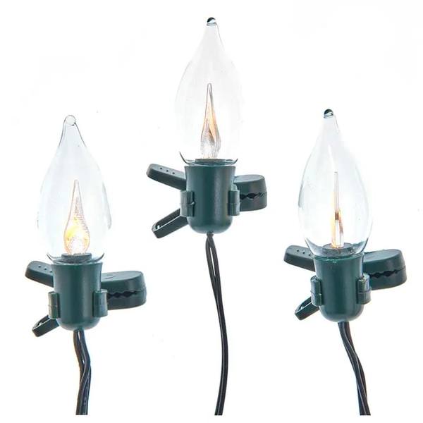 9' 7 Lights Green Wire Clips Warm White Flicker Flame LED String Set
