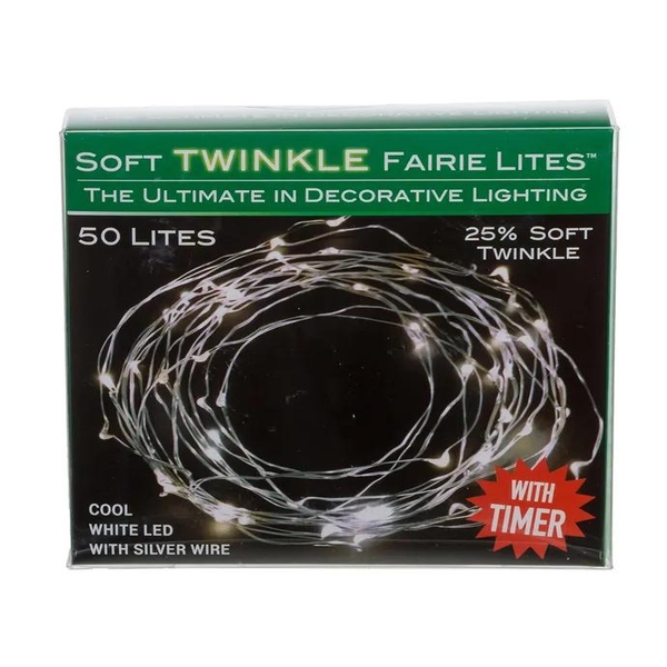 50 Light 16.3' Battery Operated Cool White Soft Twinkle Silver Wire Fairy Light Set 