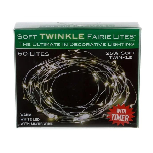 50 Light 16.3' Battery Operated Warm White Soft Twinkle Silver Wire Fairy Light Set 