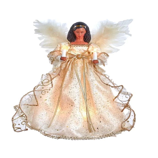 10 Light 12" Ivory & Gold African American Angel Tree Topper