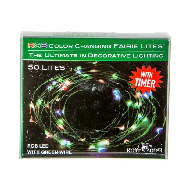 50 Light 16.3' Battery Operated Color Changing RGB Green Wire Fairy Light Set 