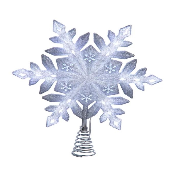 13" 25L Pre-Lit Cool White LED Glittered Snowflake Tree Topper 
