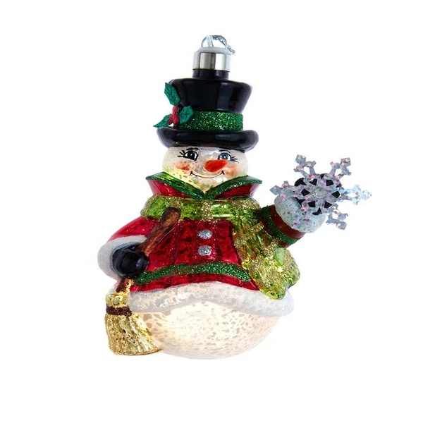 5" Glass Illuminated Gems USB Warm White LED Snowman With Snowflake Ornament