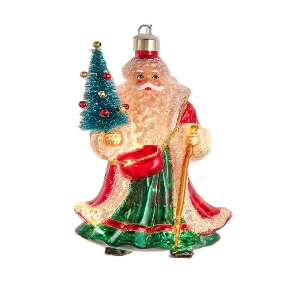 5" Glass Illuminated Gems USB Warm White LED Santa With Christmas Tree Ornament