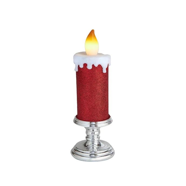 13.75" Battery Operated Red Glittered Warm White LED Flicker Flame Candle 