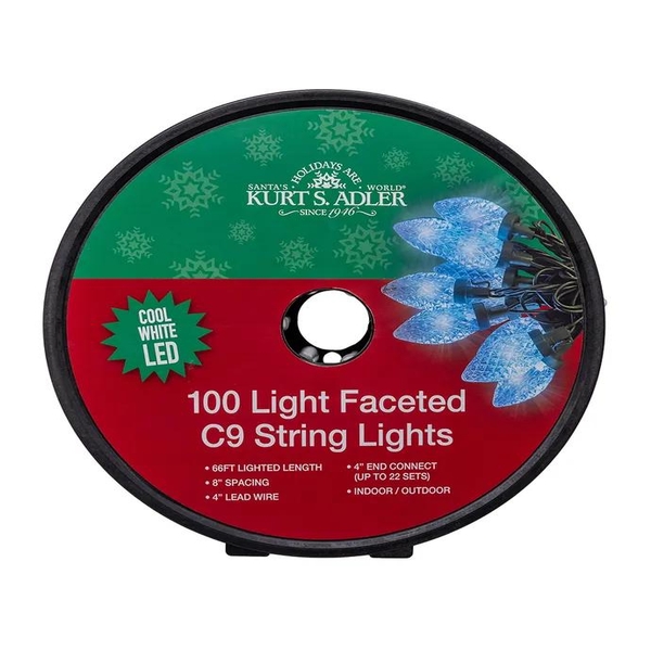 100 Light 66' Cool White LED Faceted C9 String Lights On Spool