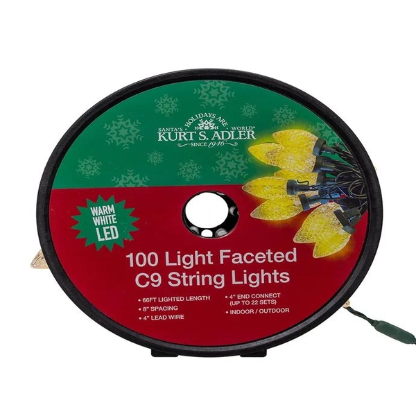 100 Light 66' Warm White LED Faceted C9 String Lights On Spool
