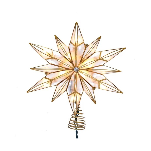 10 Light 10.24" UL LED 12-Point Brass Plated Capiz Star Tree Topper with Gem Center