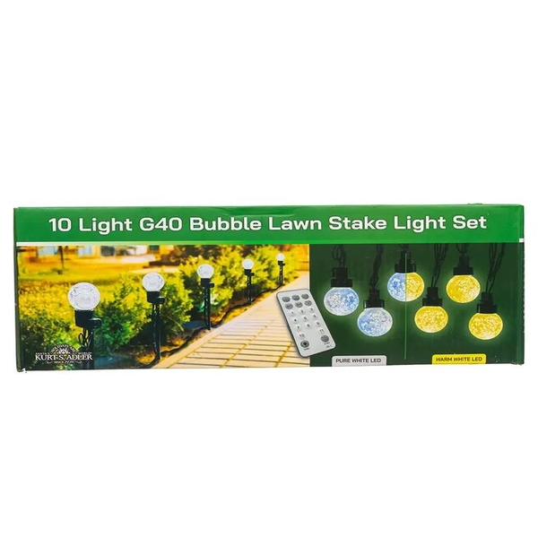 14' 40 Light 10-Piece Pure White & Warm White Jumbo LED Bubble G40 String Yard Stakes