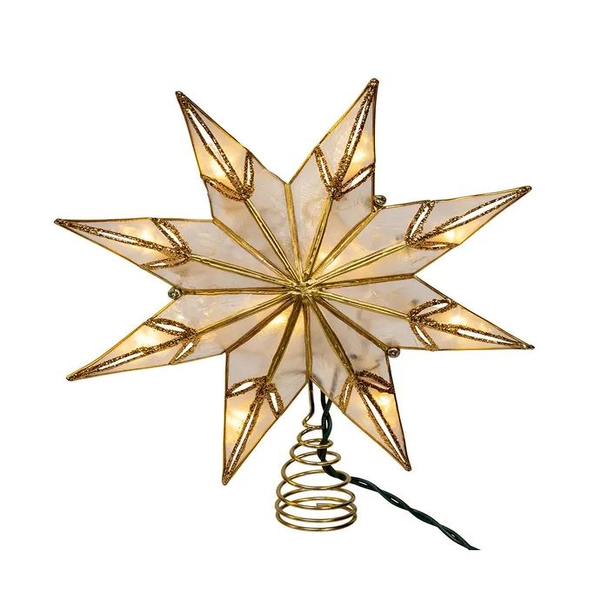 10 Light 14" UL Gold Glitter Finish Capiz Star Tree Topper